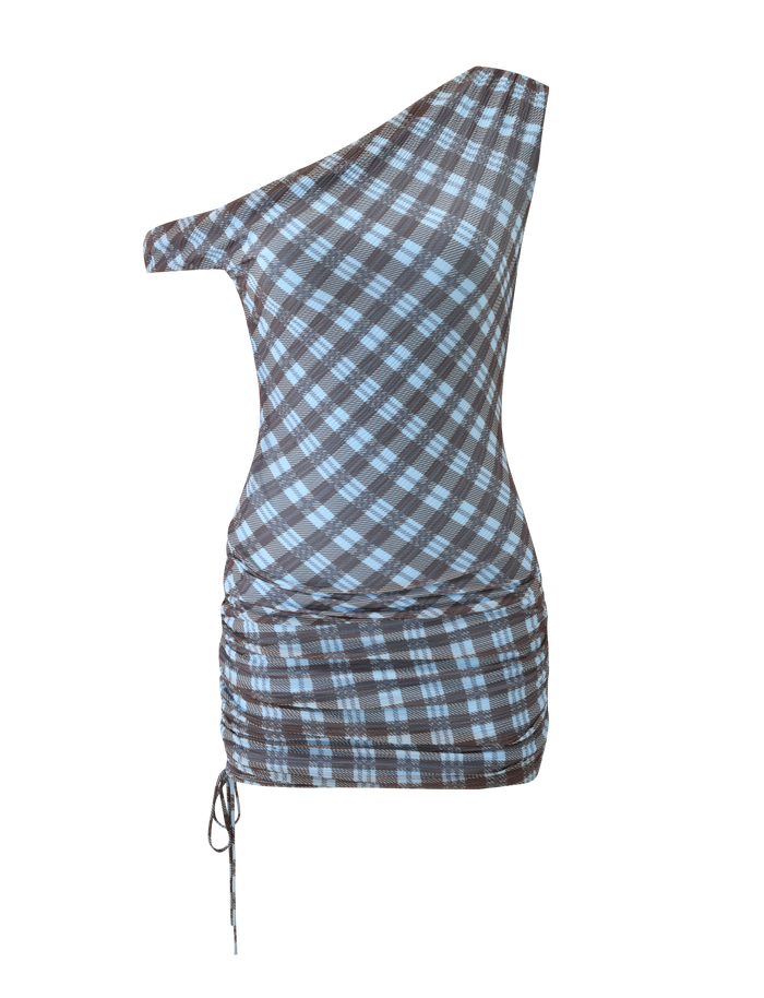 The TIGERMIST WINSLOW MINI DRESS - BLUE CHECK is a sleeveless, off-shoulder plaid mini dress with an asymmetrical neckline, blue and brown checks, ruched sides, and a drawstring hem.