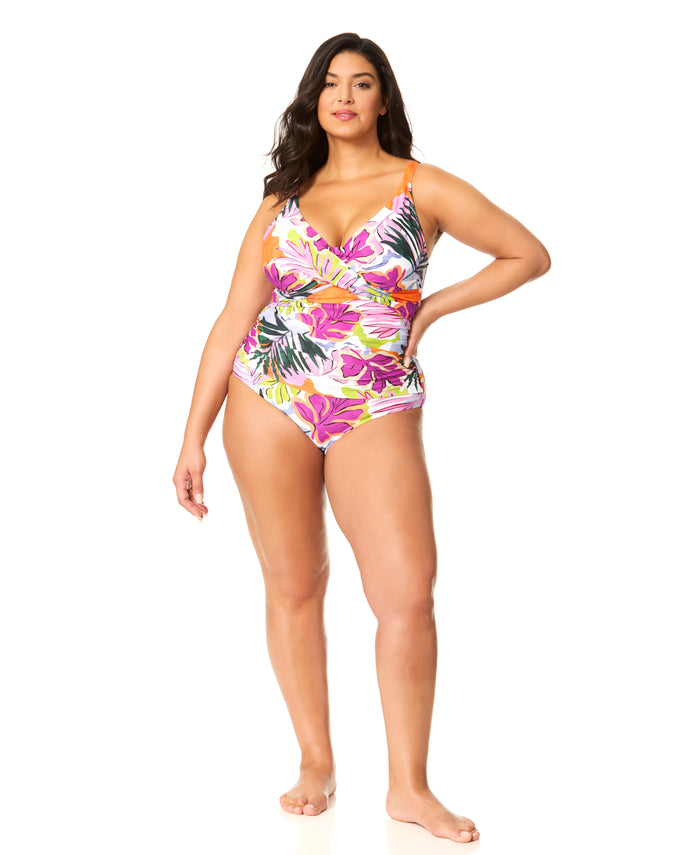 Women's Plus Mod Tropical Hidden Underwire Drape Front One Piece Swimsuit