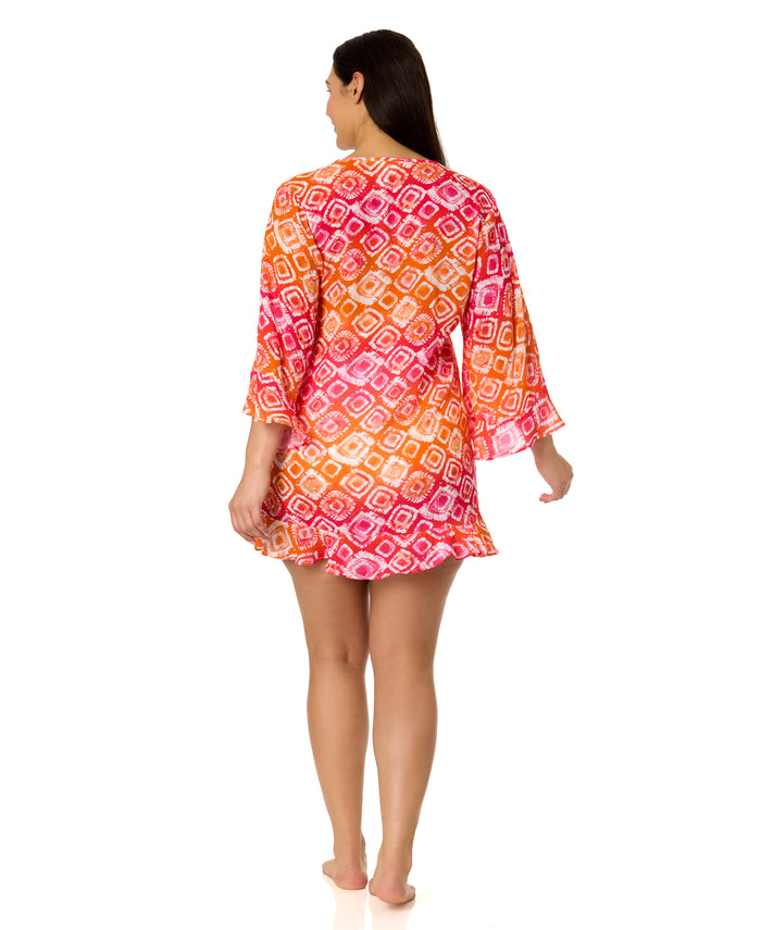Women's Plus Tie Dye Foulard Flounce V Neck Tunic Swimsuit Cover Up