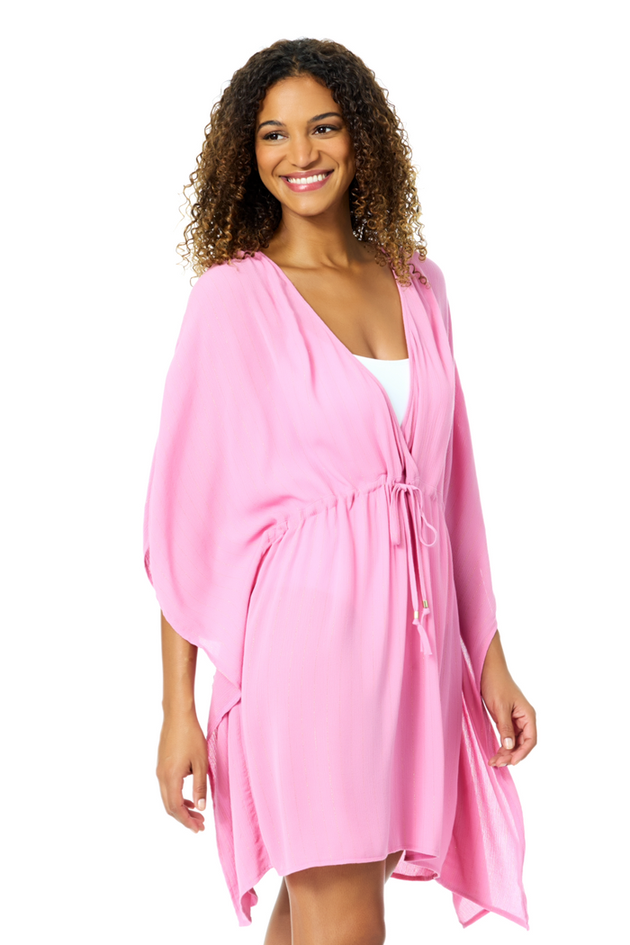 Women's Soft Pink V Neck Kimono With Drawstring Waist Detail Cover Up