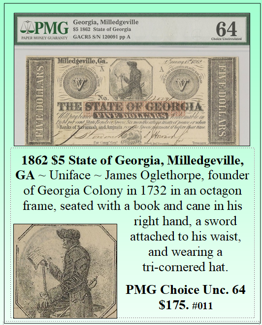 1862 $5 State of Georgia, Milledgeville, GA #011