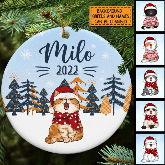 2022 Custom Name Of Xmas Cat Circle Ceramic Ornament - Personalized Cat Lovers Decorative Christmas Ornament
