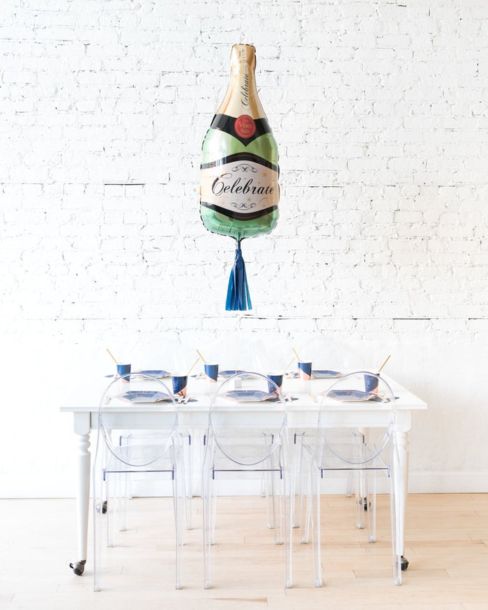 39in Classic Champagne Bottle Foil Balloon and Navy Skirt Centerpiece