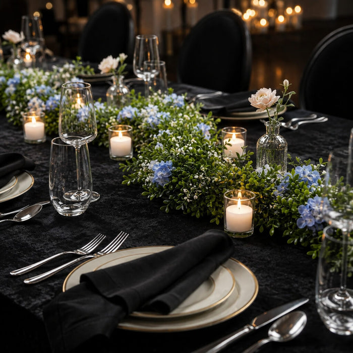 9ft faux boxwood garland with blue flowers and votive candles on a black tablecloth