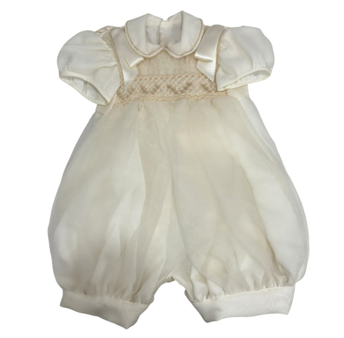 Adrian Ivory Boy Handsmocked Romper with tonal handsmocking and softly ruffled collar