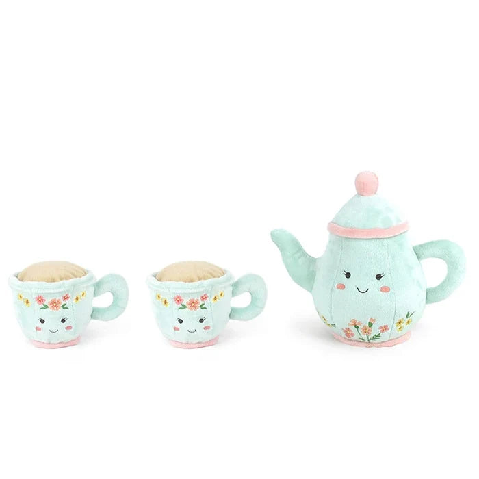 Afternoon Tea Set with mint plush teapot and two matching teacups with embroidered floral details