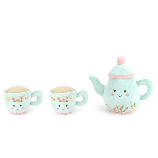 Afternoon Tea Set with mint plush teapot and two matching teacups with embroidered floral details