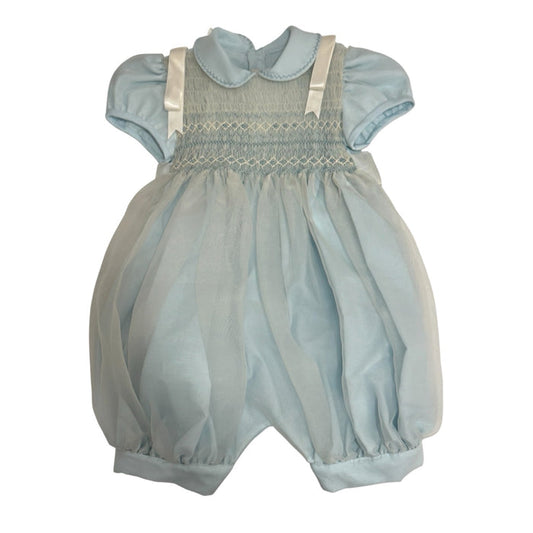 Agustin Light Blue Boy Handsmocked Romper with rounded collar and intricate handsmocking