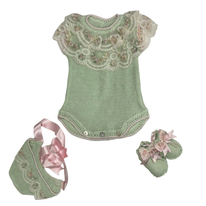 Aida Green Pink Floral Romper 3-Piece Set