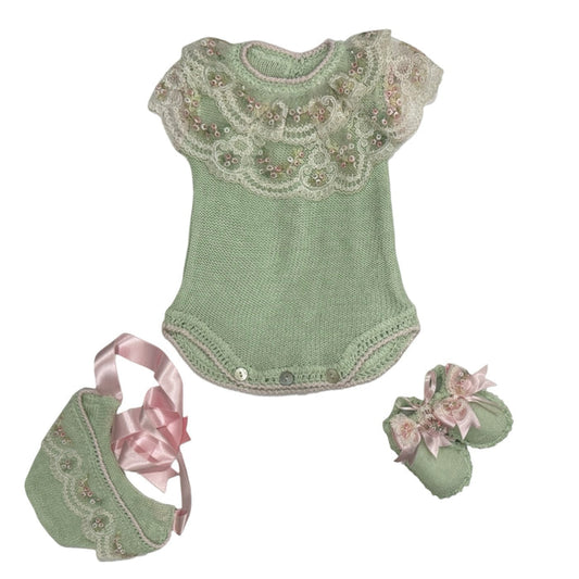 Aida Green Pink Floral Romper 3-Piece Set