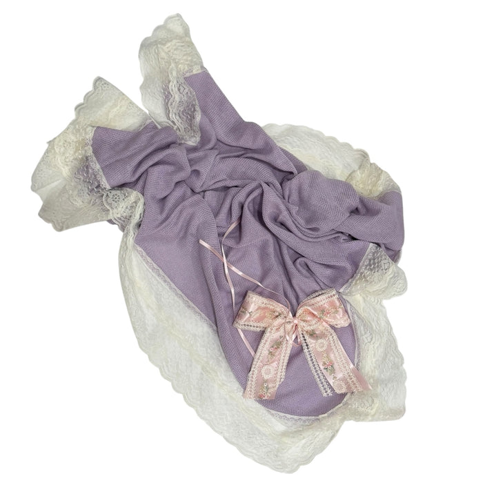Aida Rose Luxe Purple Knitted Blanket with wide ivory lace border and pink floral ribbon bow