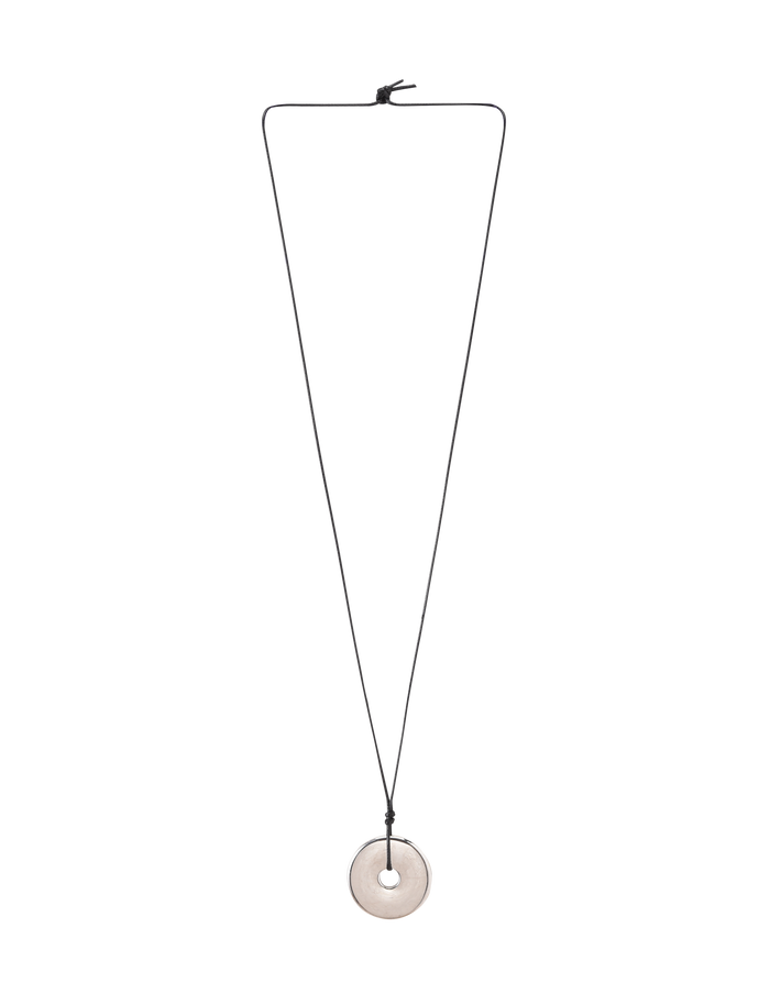 The TIGERMIST AIFE PENDANT NECKLACE - SILVER features a minimalist design with a black adjustable cord and a circular flat silver pendant with a central hole, shown on a white background.