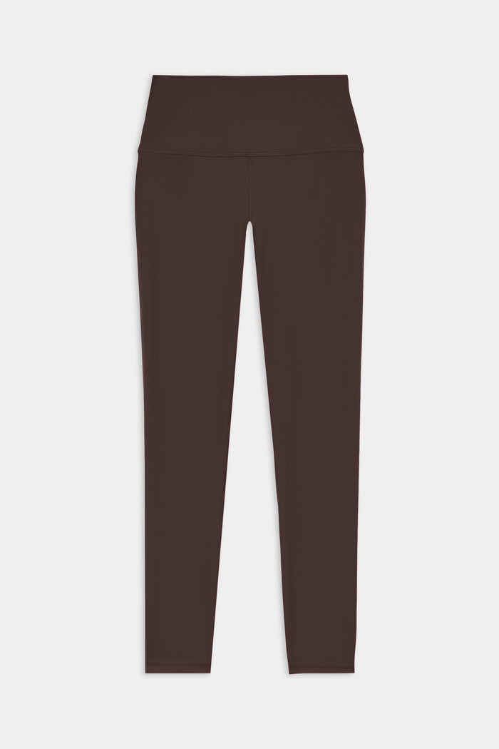 The SPLITS59 Airweight High Waist Legging in Dark Chocolate features a full-length, high-waisted design and ultra-soft fabric, shown against a white background—ideal for hot yoga sessions.