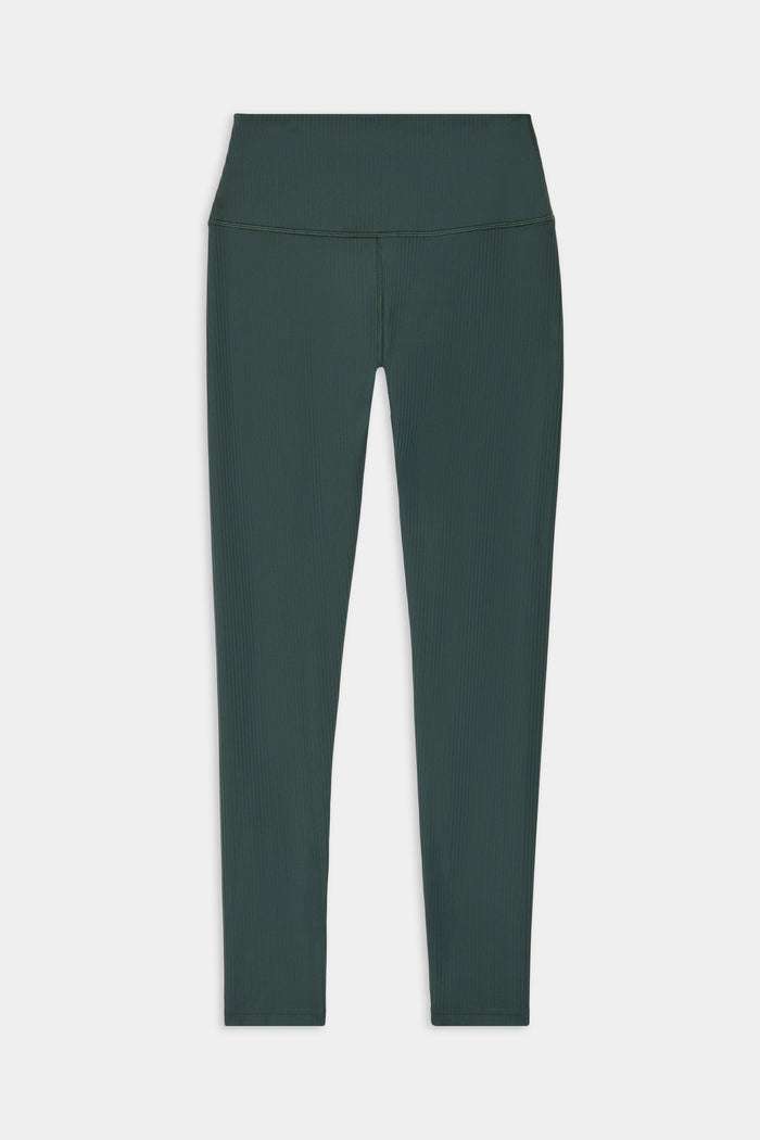 SPLITS59 Airweight Rib High Waist 7/8 leggings in military green, made from ribbed nylon spandex, are laid flat against a white background.