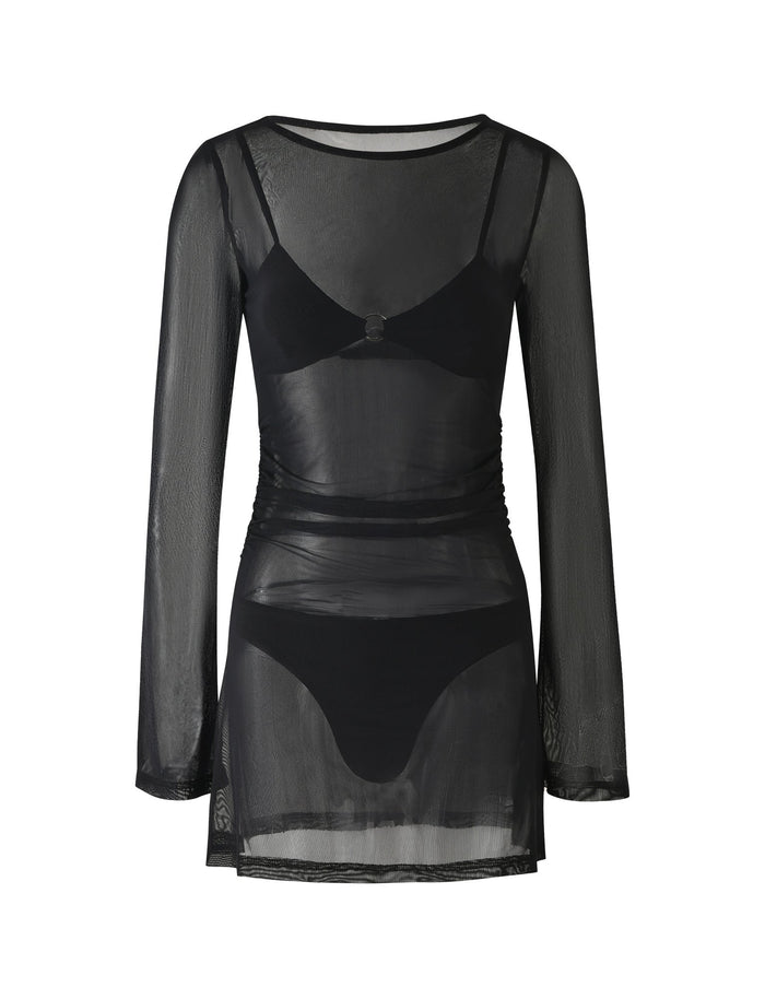 Introducing the ALAYNA THREE PIECE MINI DRESS - BLACK from TIGERMIST. This black, sheer mesh dress features long sleeves and a scoop neckline, designed to showcase a fitted silhouette. The transparent garment highlights the included black lingerie set underneath, clearly revealing the accompanying bra and high-waisted bottoms through its delicate fabric.