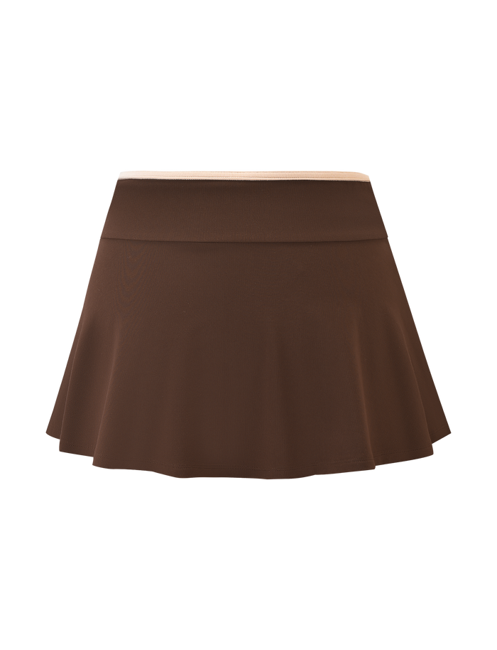 The ALYSIA SKORT - CHOCOLATE by TIGERMIST features a chocolate brown, flared A-line mini design with a fitted waistband, shown against a plain background.