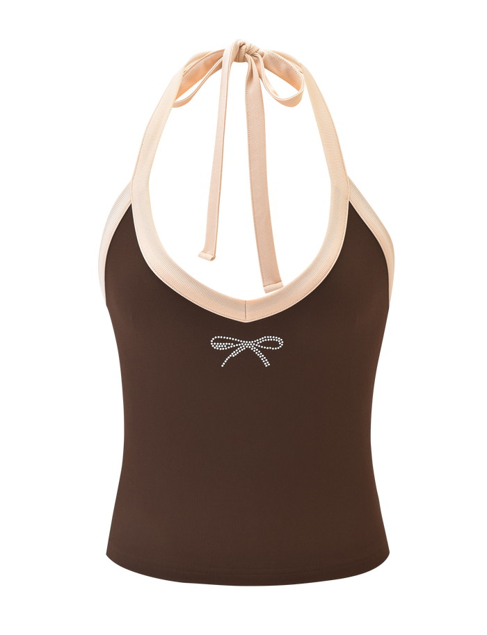 The TIGERMIST ALYSIA TOP - CHOCOLATE is a brown ribbed halter neck style with cream tie-back straps and a small diamanté applique bow on the chest.