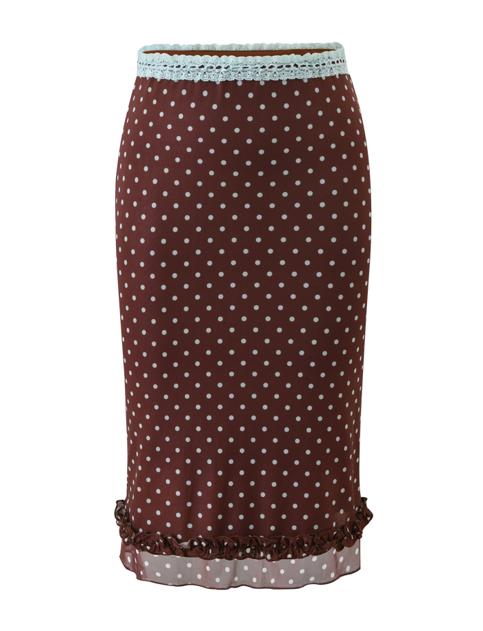 The TIGERMIST AMARA MIDI SKIRT - POLKA DOT features a brown base with white polka dots, light blue lace waist trim, and a ruffled hem, shown on a plain white background.