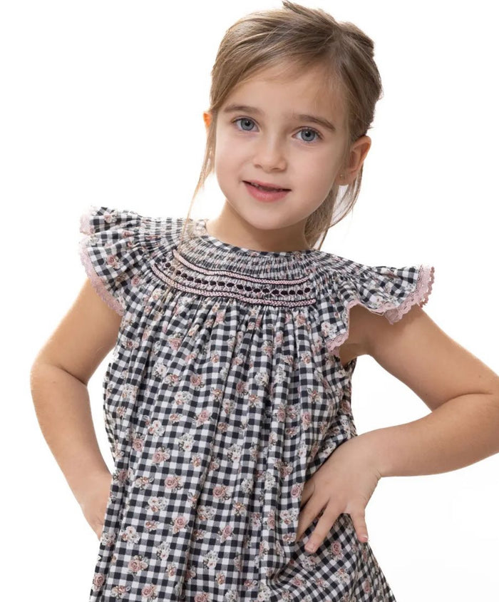 Amelia Black Rose Gingham Handsmocked Dress