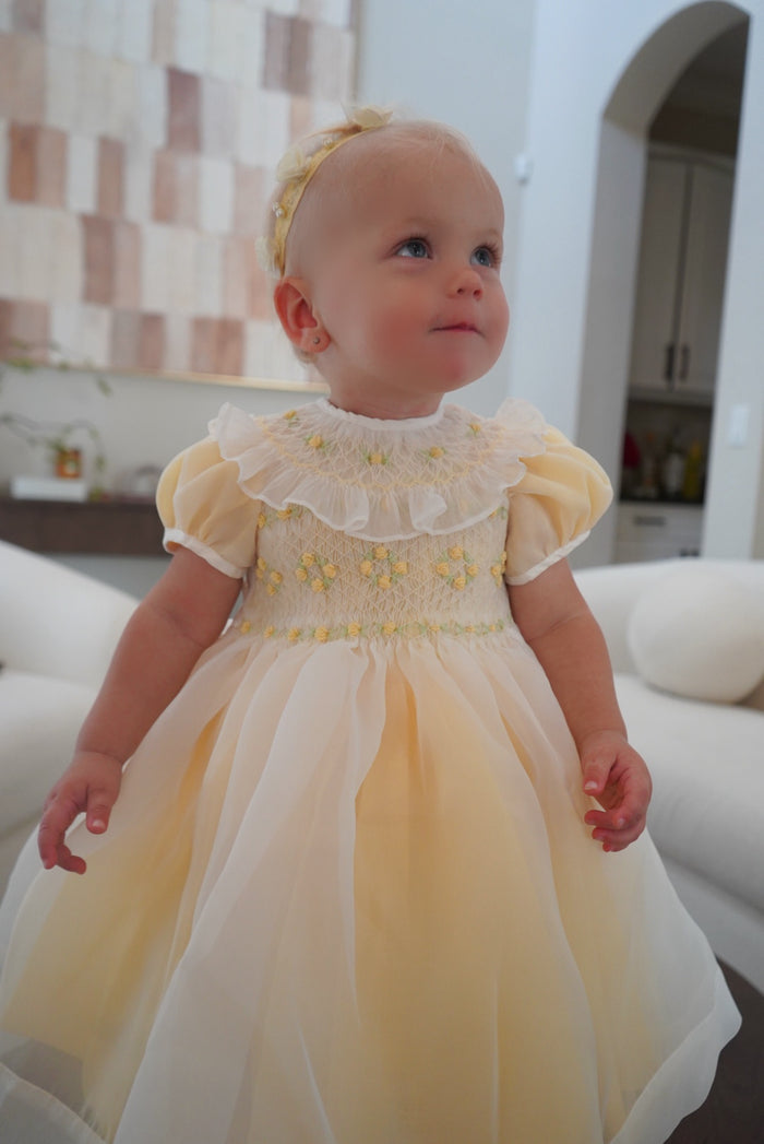 Anastasia Yellow Handsmocked Organza Dress