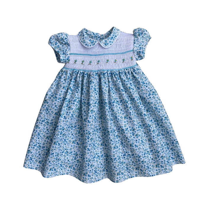 Andrezza Flowers Light Blue Sleeves Handsmocked Girl Dress