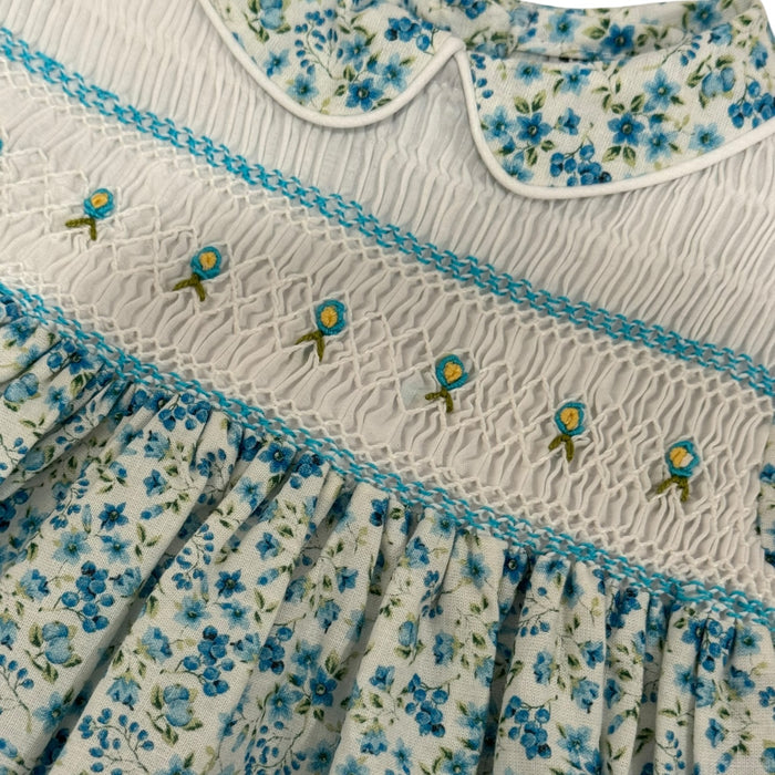 Andrezza Flowers Light Blue Sleeves Handsmocked Girl Dress