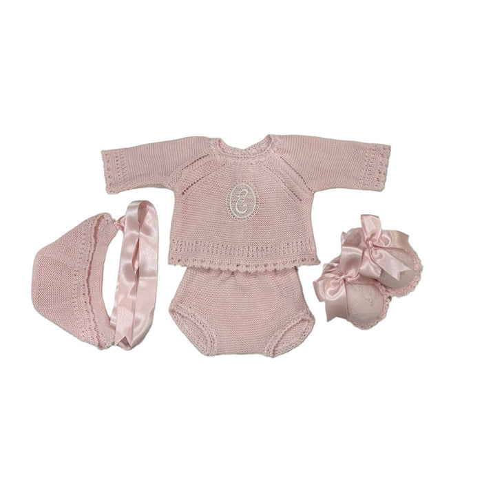 Andy Initial Knitted 4-piece baby set in dusty pink with bonnet and matching footwear