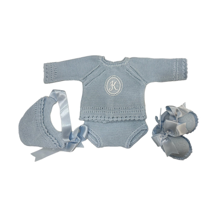 Andy Initial Knitted 4-piece baby set in light blue with bonnet and matching footwear