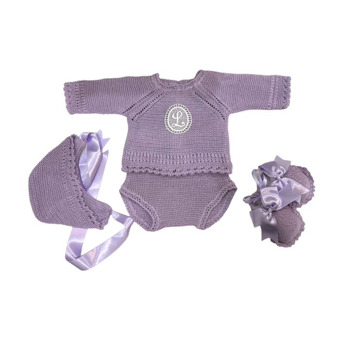 Andy Initial Knitted 4-piece baby set in purple with bonnet and matching footwear
