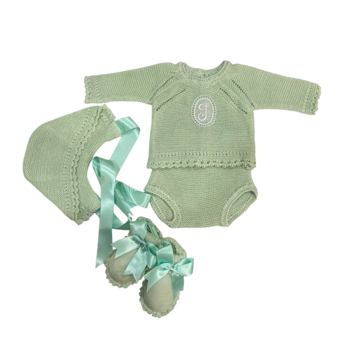 Andy Initial Knitted 4-piece baby set in green with bonnet and matching footwear