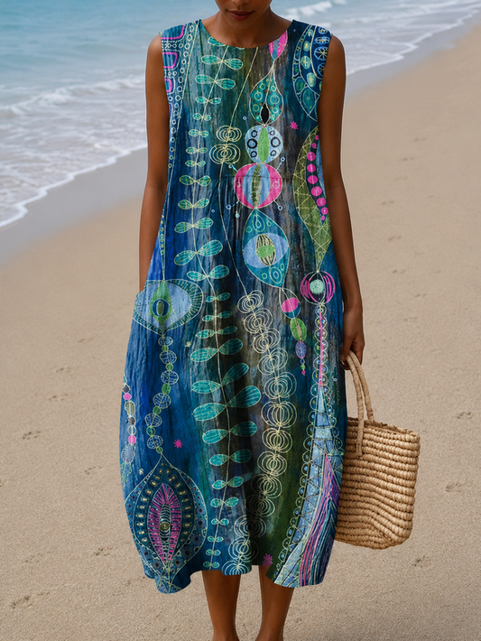 Anna - Women's Sleeveless Printed Beach Midi Dress Loose
