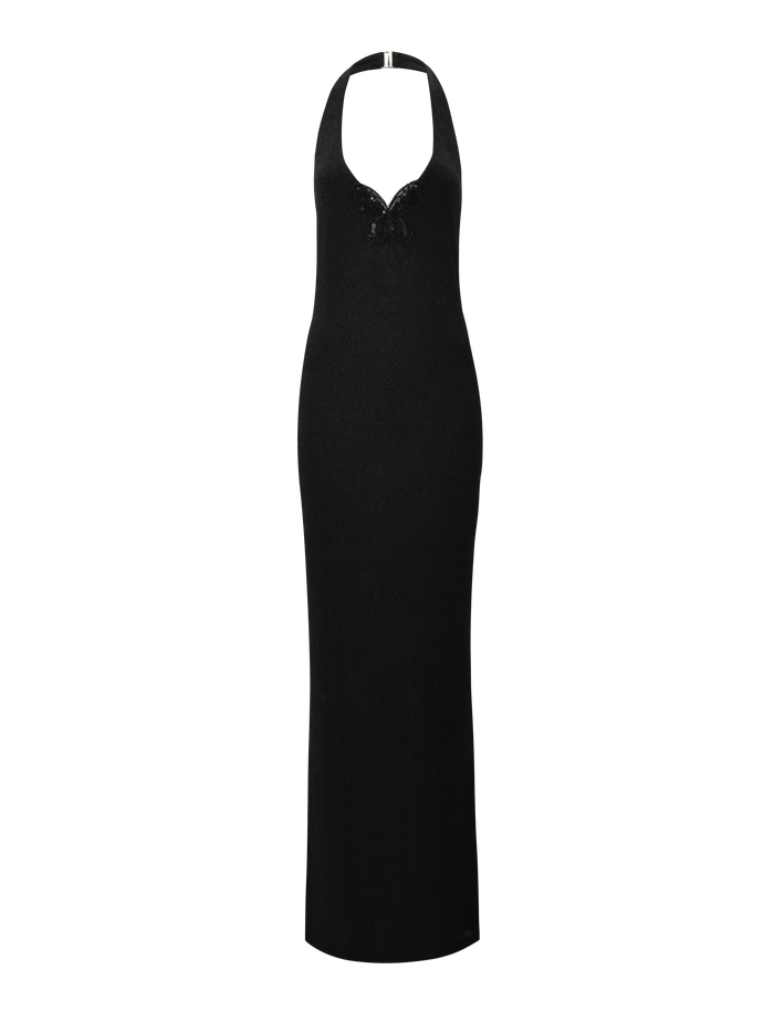 The TIGERMIST ASTORIA MAXI DRESS in black is a sleeveless, floor-length glitter dress with a halter neck, deep neckline, and small chest bow detail, shown on a plain white background.