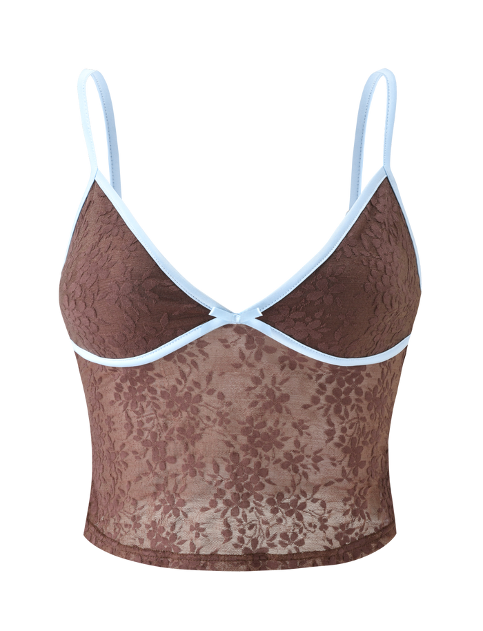 The TIGERMIST AUBURN TOP - CHOCOLATE is a brown floral lace cami crop top with light blue adjustable straps and trim, made from semi-sheer lingerie fabric, shown against a plain white background.