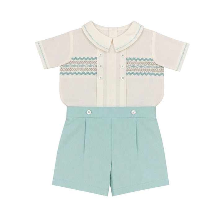 August Mint Handsmocked Boy 2-Piece Set with white shirt and mint shorts