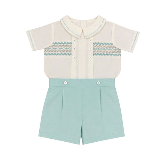 August Mint Handsmocked Boy 2-Piece Set with white shirt and mint shorts