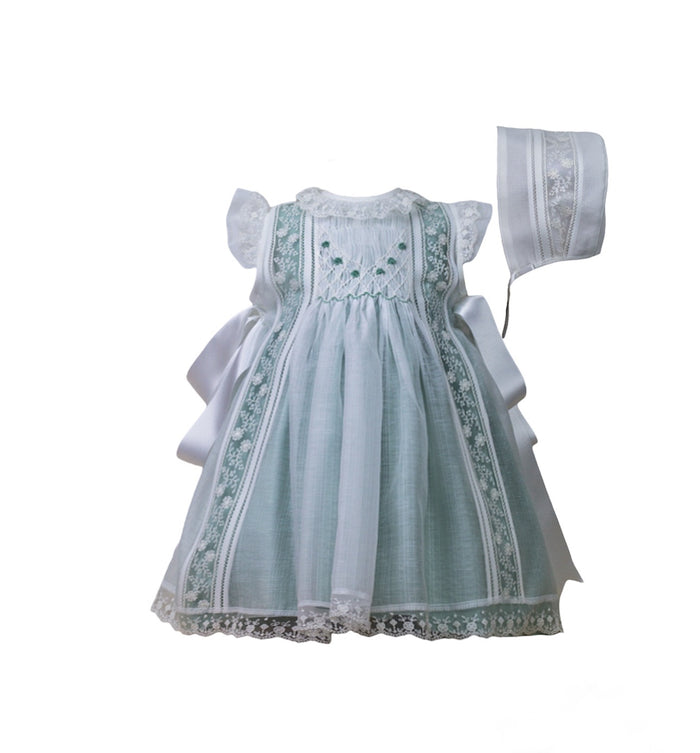 Aurora Luxe Off White/Green 2-piece Handsmocked Dress