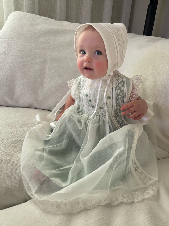 Aurora Luxe Off White/Green 2-piece Handsmocked Dress