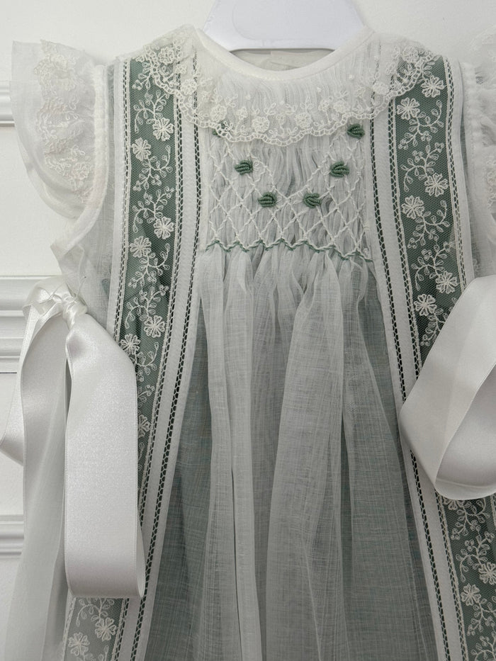 Aurora Luxe Off White/Green 2-piece Handsmocked Dress
