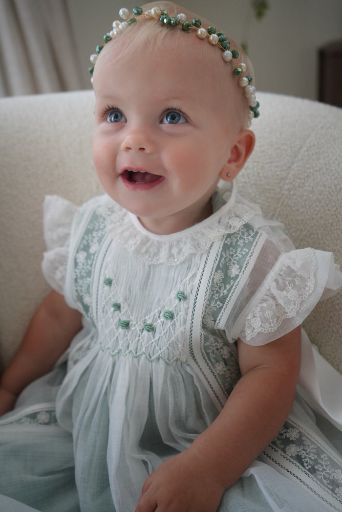 Aurora Luxe Off White/Green 2-piece Handsmocked Dress
