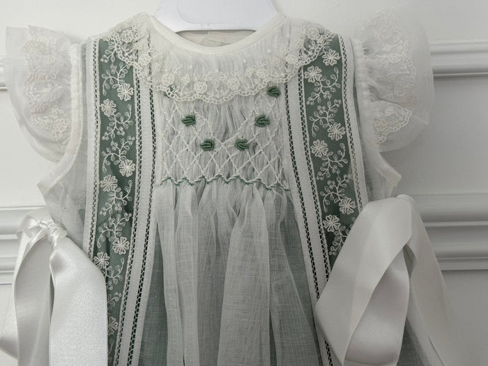 Aurora Luxe Off White/Green 2-piece Handsmocked Dress