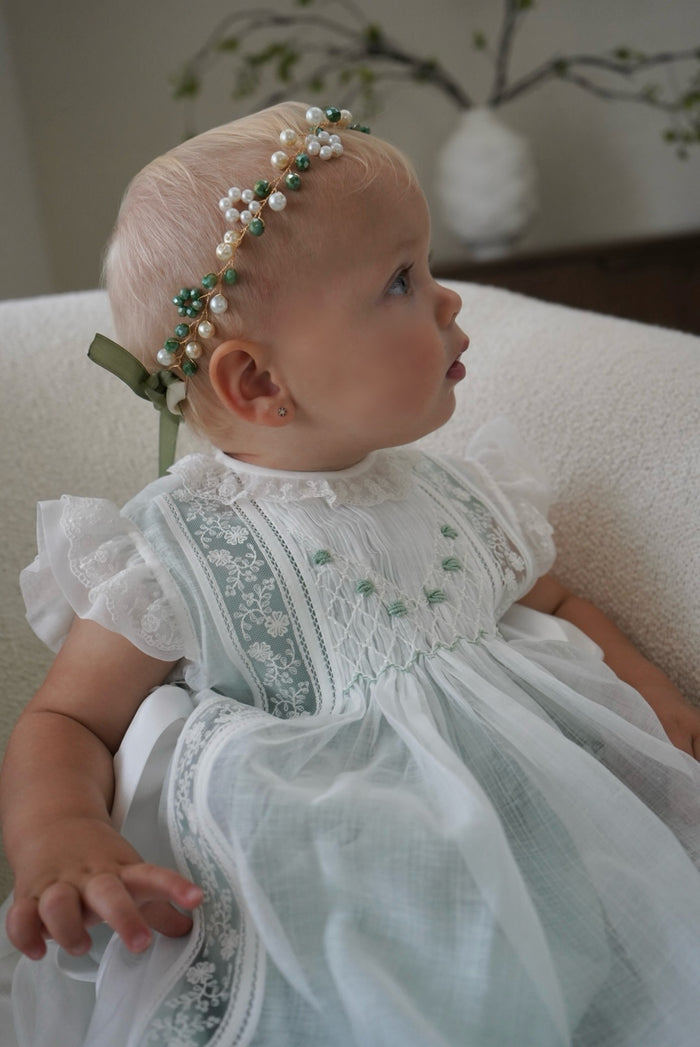 Aurora Luxe Off White/Green 2-piece Handsmocked Dress