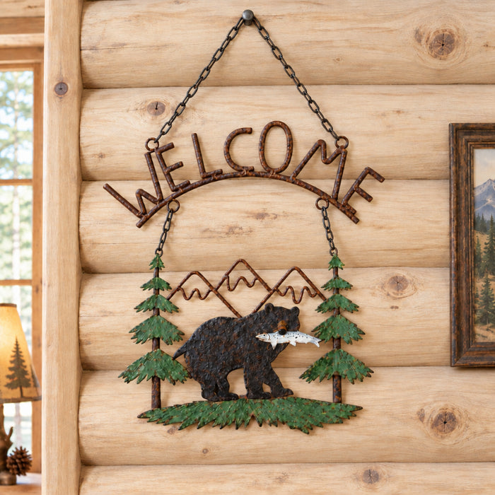 bear with fish mountain scene welcome sign