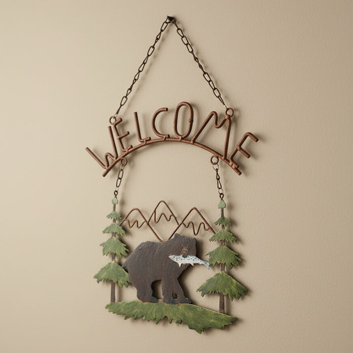 bear with fish mountain scene welcome sign
