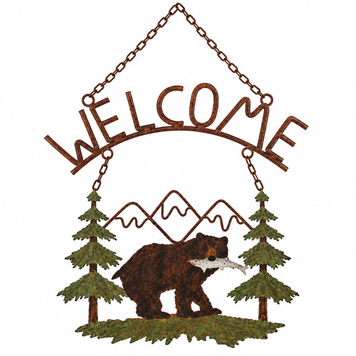 bear with fish mountain scene welcome sign