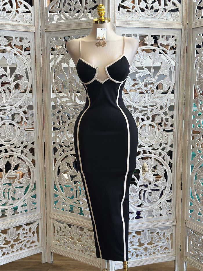 Beige Lined Midi Dress- Stretchy, Estira