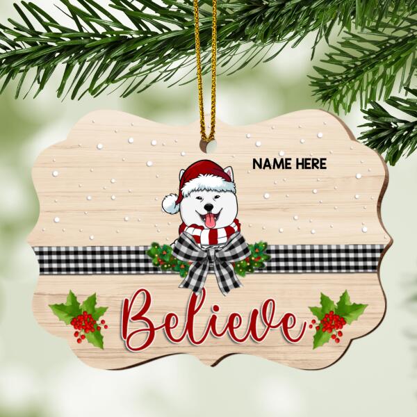 Believe Plaid Bow Pale Wooden Ornate Shaped Wooden Ornament - Personalized Dog Lovers Decorative Christmas Ornament