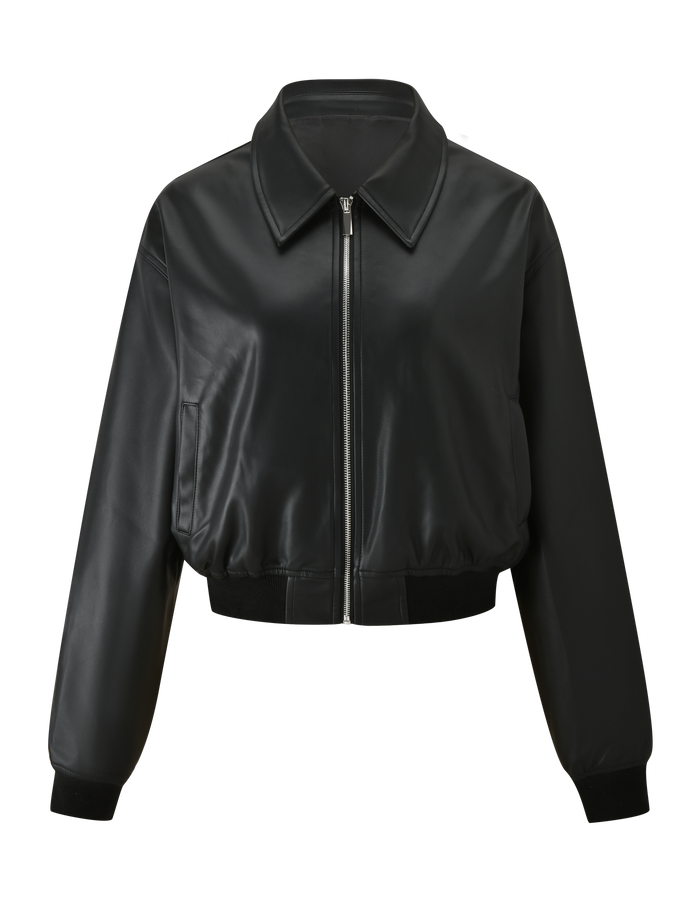 The BEREN JACKET - BLACK by TIGERMIST is a black faux leather bomber made from stretch PU, featuring a front zipper, collared neck, long sleeves, and ribbed cuffs and hem, shown against a white background.