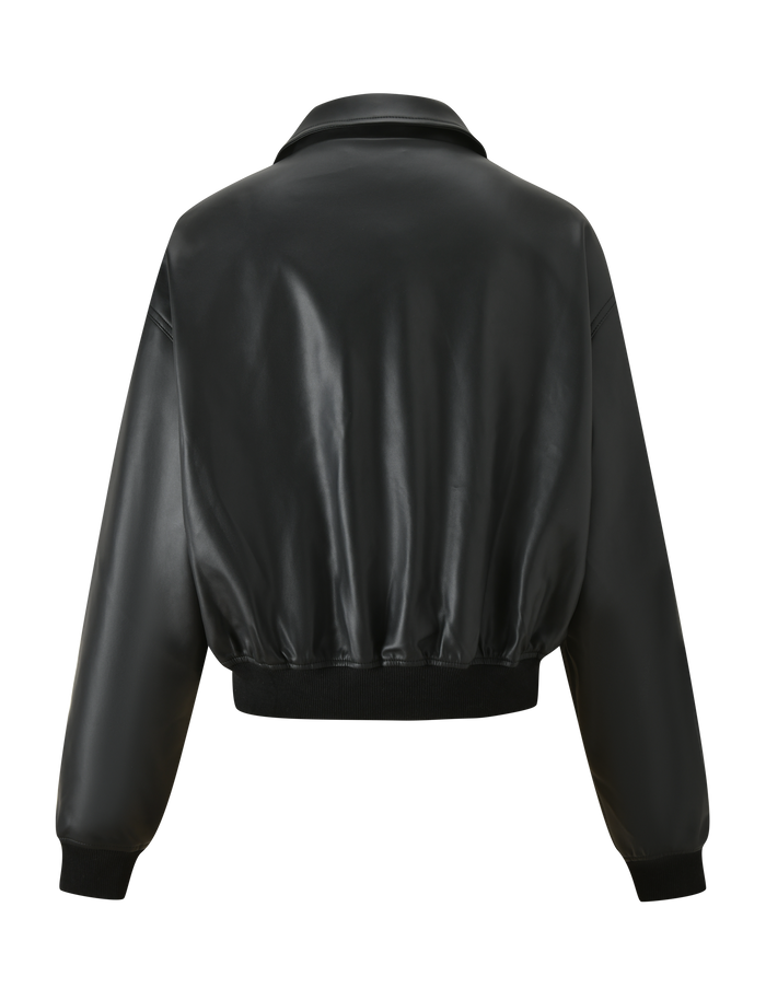 The BEREN JACKET - BLACK by TIGERMIST is a black faux leather bomber jacket with a collared neck, ribbed waistband and cuffs, loose sleeves, and a classic silhouette shown from the back.