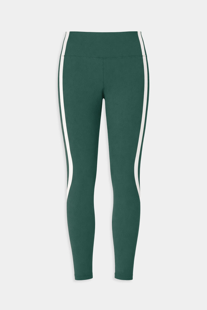 SPLITS59 Bianca High Waist Rigor 7/8 leggings in Arugula/White feature white vertical side stripes and performance fabric, shown against a plain white background.