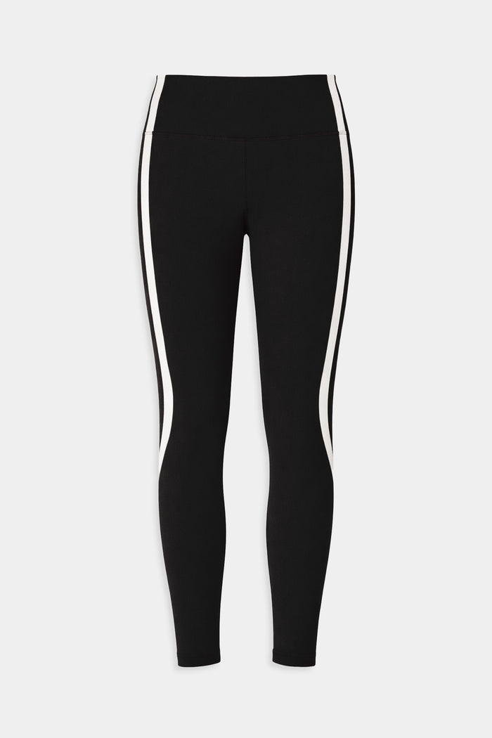 The SPLITS59 Bianca High Waist Rigor 7/8 in Black/White features a high waist and two white vertical side stripes, shown on a plain white background.